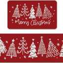 Tailus Merry Christmas Tree Red Kitchen Rugs Set of 2, Xmas Pine Trees Snowflake Floor Mats Decor, Winter Holiday Door Mat Home Decorations  17x29 and 17x47 Inches