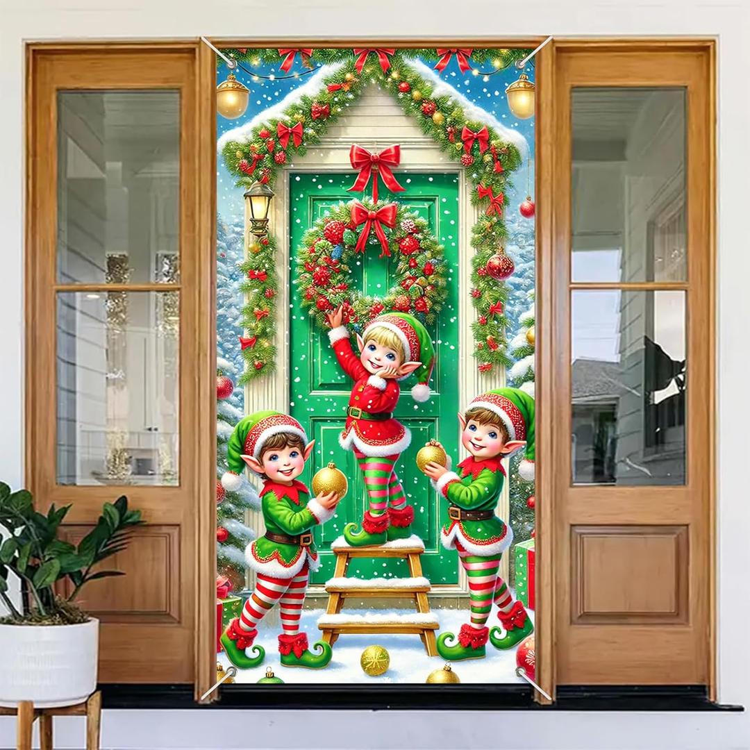 BlissYard Christmas Door Decorations 71x35 inch Elf Door Cover Banner Holiday Backdrop with Wreath Snow Trees and Ornaments for Front Porch Christmas Party Winter Entryway Photo Prop Decor