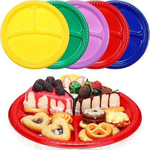 Teenyyou 50 Pcs 10 Inch Plastic 3 Compartment Divided Plates Heavy Disposable Plates Duty Round Dinner Plates with Dividers for Wedding Birthday Party Dinnerware(Multicolor)