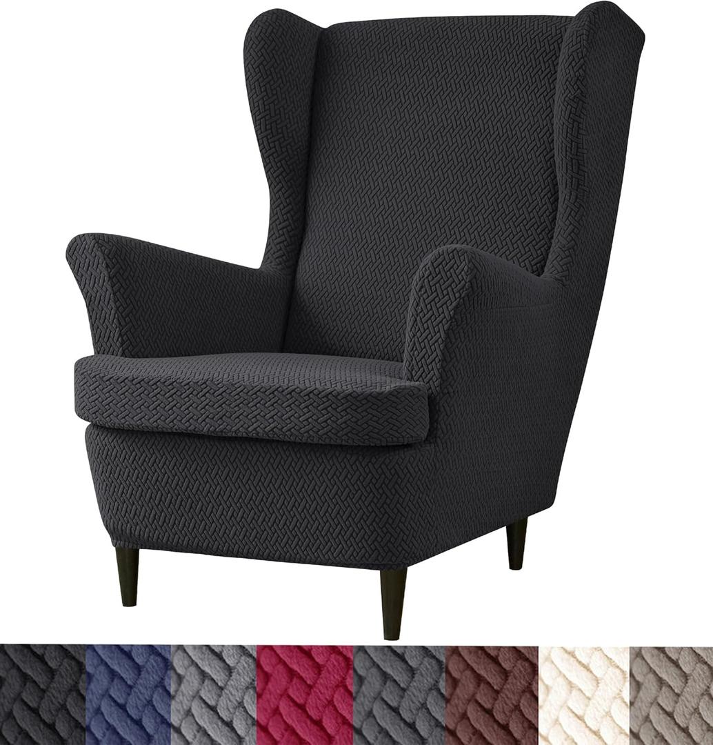 HFCNMY Wingback Chair Slipcover, 2 Piece Stretch Jacquard Wingback Chair Covers Thick Wing Back Chair Covers with Arms Wing Chair Slipcover Wing Back Chair Cover with Elastic Bottom Black
