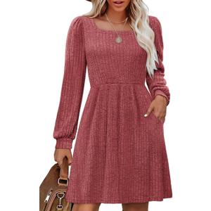 OFEEFAN Womens Knit Sweater Dress with Pockets Square Neck Long Sleeve Dresses (S)