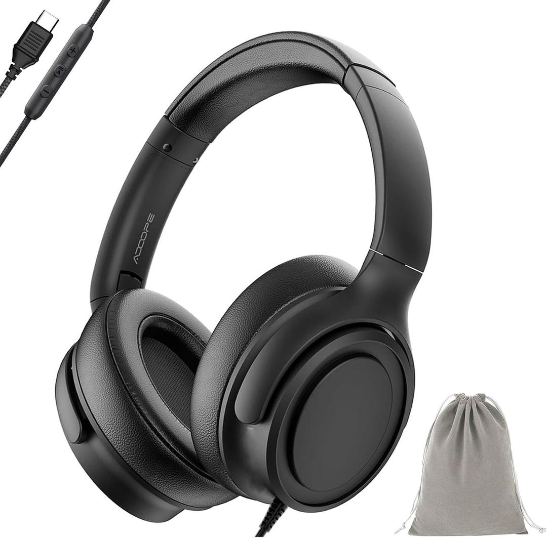 Wired Over-Ear Headphones with USB C Connector, Hi-Fi Stereo Sound, Noise-Isolating Ear Cups, Comfortable Fit for USB C Devices (with Bag, Black)