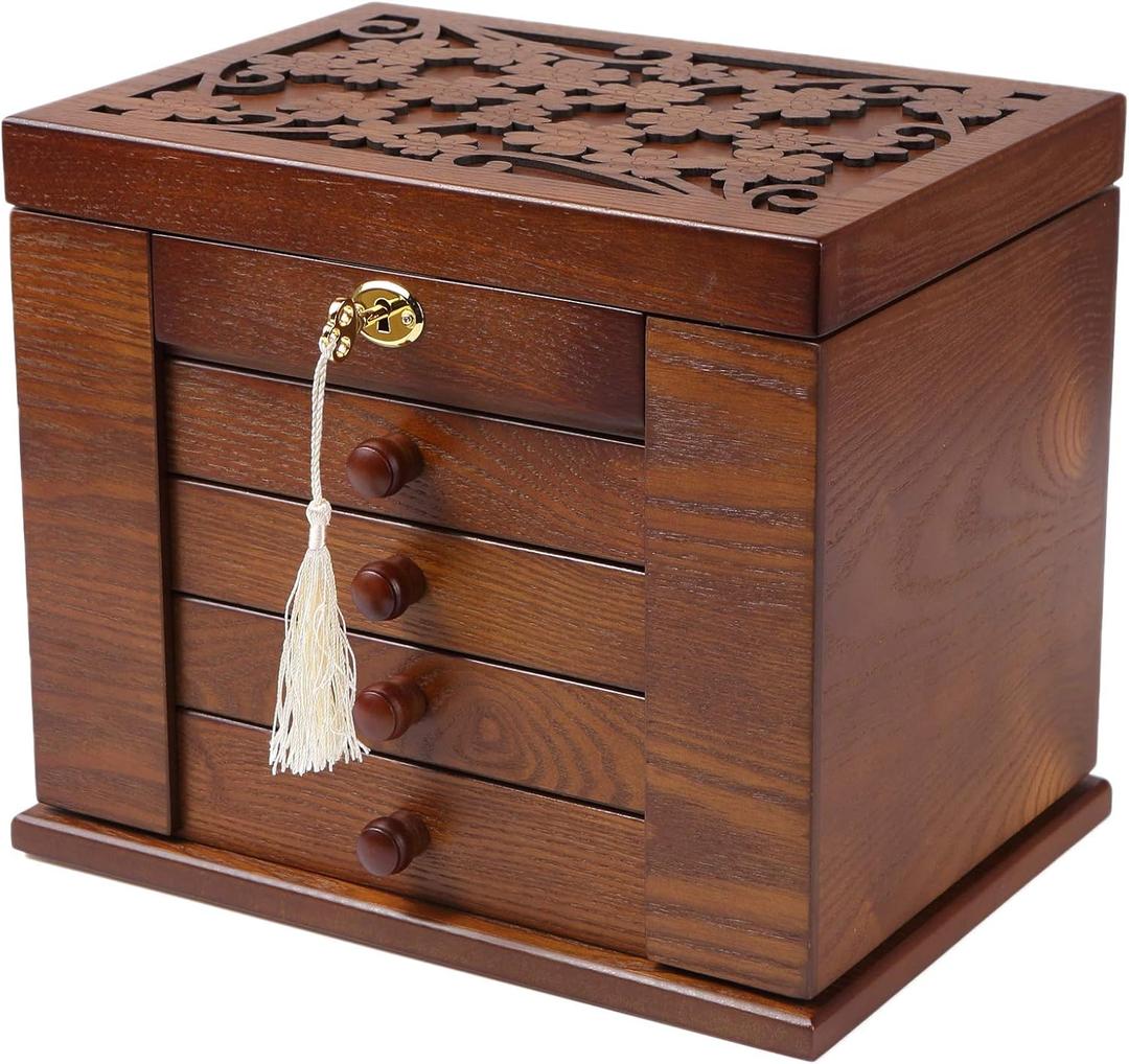 Changsuo Wooden Jewelry Box for Women, Organizer Box of Solid Wood with Lock and Key for Jewelries, Watches, Necklace, Ring, Lockable Storage Case (Dark Brown)