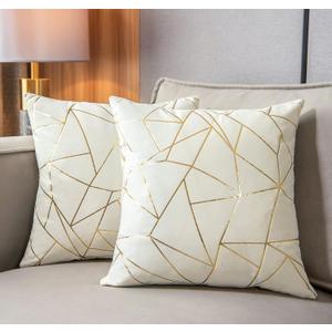 YONGLIU Set of 2 Velvet Cushion Cases Decorative Gold Foil Geometric Pattern Ultra-Soft Square Throw Pillow Covers for Modern Homes Couch Sofa Bedroom Living Room Car Chair(Off White, 20"X20")