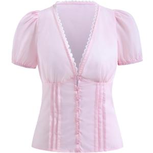 winkbay Women's Cute Lace Puff Sleeve Top Deep V Neck Button Down Coquette Going Out Blouse Light Pink Small