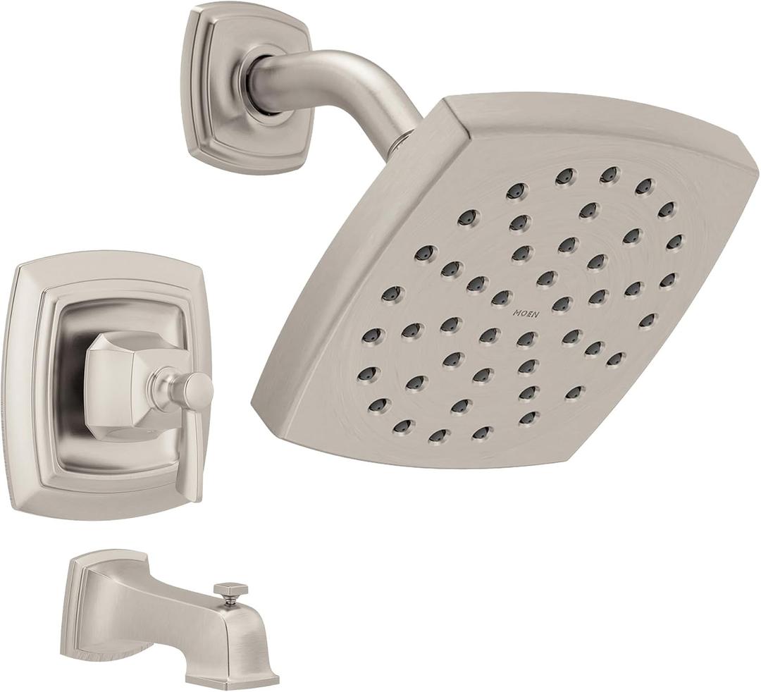 Moen Conway Spot Resist Brushed Nickel Bathroom Shower Trim Kit with Square Showerhead, Handle, Tub Spout, and Posi-Temp Valve Included, 82922SRN