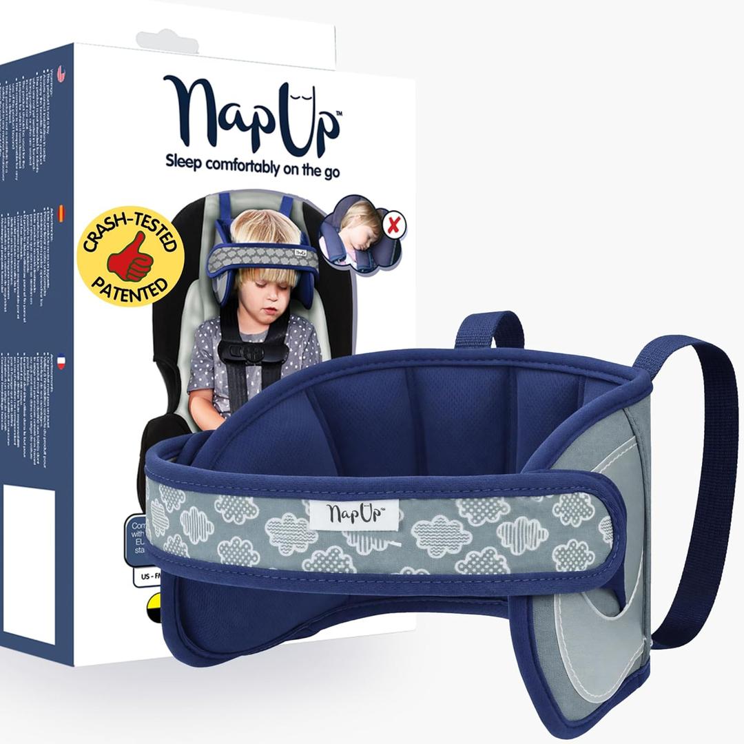 NapUp Adjustable Head Support for Car Seat  Patented & Crash-Tested Anti-Bobbing Head Holder Strap, Comfortable Sleep Solution - Breathable Fabric, Kids Travel Accessories - Ages 2+ - Dark Blue