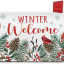 Winter Welcome Cardinal Mailbox Cover Magnetic Standard Size 21" x 19", Red Birds Pine Needle Pine Cone Decorative Post Letter Box Wrap Decor, Christmas Red Berry Garden Yard Outdoor Decoration