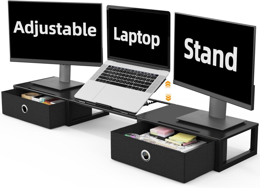 WESTREE Monitor Stand Riser with Adjustable Laptop Stand Riser, Steel Frame Dual Monitor Stand with Two Drawers for 2 Monitors, Desktop Oraganizer Stand for Computer,Laptop,Screen (Large)