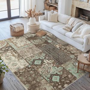 jinchan Boho Area Rug 6x9 Vintage Living Room Rug Patchwork Washable Tribal Mat Indoor Floral Print Decor Non Slip Soft Carpet for Bedroom Kitchen Dining Room Home Office Brown/Teal