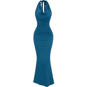 GORGLITTER Women's Halter Tie Maxi Dresses Elegant Classy Backless Cowl Neck Evening Gowns Formal Cocktail Ruched Dress Blue Medium