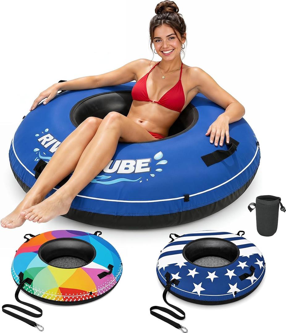 ZEALFEEL River Tube, 48-Inch Heavy-Duty Rubber Inner Tube, Canvas Cover | Commercial-Grade Inner Tube, Removable Cup Holder, Tow Strap, River Float for Adults, Lakes, Pools & Rivers