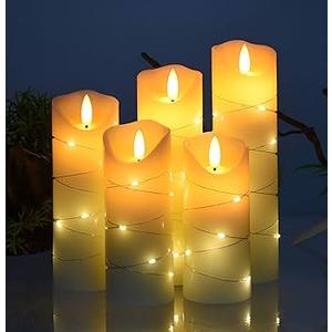 LED flameless Candle, with Embedded Starlight String,（ danip)5Piece LED Candle, with 10Key Remote Control, 24Hour Timer Function, Dancing Flame, Real Wax, BatteryPowered. (Ivory White)