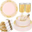 GATHER 350PCS Pink and Gold Plastic Plates - Gold Disposable Dinnerware Set Include 50 Dinner Plates, 50 Dessert Plates, 150 Plastic Silverware, 50 Napkins, 50 Cups for Wedding & Mother's Day