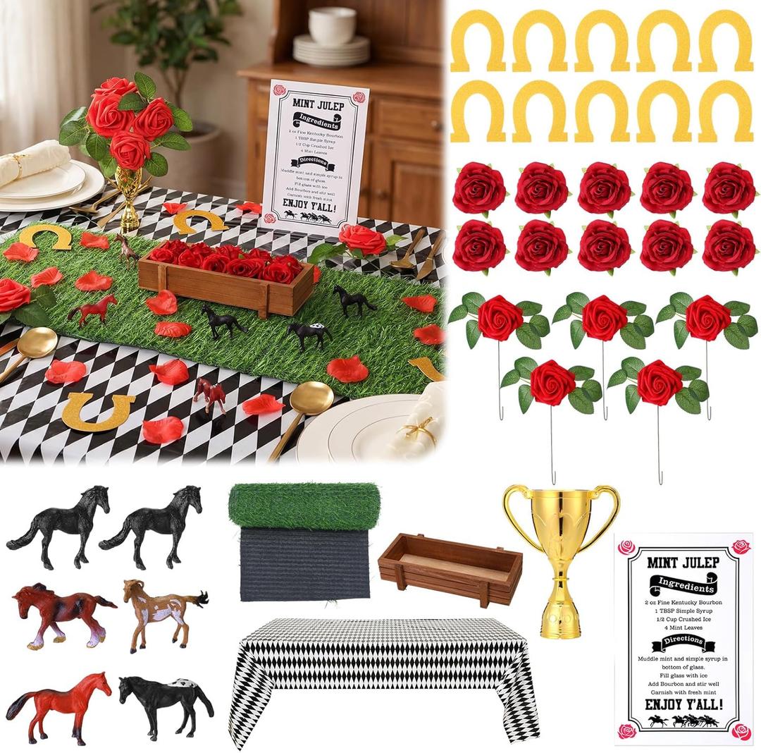 Riceshoot 36 Pcs Derby Party Table Decorations Set Horse Racing Table Decor-tablecloth Artificial Grass Horses Figurines Wooden Box Trophy Roses for Rodeo Western Decor Home Dining Supplies