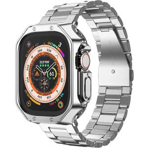 Compatible with Apple Watch Ultra 3/2/1 Band and Case, Stainless Steel Metal Chain with TPU Cover, Smart-Watch Link Bracelet Strap for men, Wrist-Band for i-Watch Ultra, 49mm, Silver
