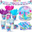 JOYIN 145 Pcs Mermaid Birthday Party Supplies with Banner, 24 Serves Tableware Set with Plates, Cups, Napkins, and Cutlery Sets for Valentines Anniversary Mermaid Themes Party Kids 6 7 8 Years