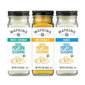 Watkins Popcorn Seasoning Multi-Flavor Variety Pack, 3-Pack (1 White Cheddar 3.3 oz., 1 Butter/Salt 5.3 oz., 1 Ranch 3.6 oz.) (EXP 06/30/30)