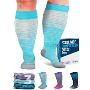 Doctor's Select 3 Pairs Plus Size Compression Socks Wide Calf - Up to 6XL | 20-30 mmHg Compression Socks for Women Wide Calf | Wide Compression Socks for Women Circulation | Blue, Light Blue, Purple & Pink (Stripes) (4X-Large)