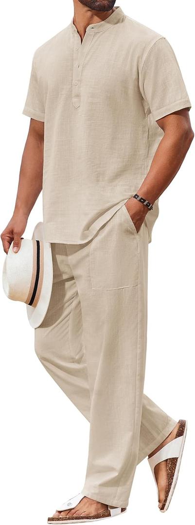 COOFANDY Men's 2 Piece Cotton Sets Casual Short Sleeve Henley Shirts and Beach Pants with Pockets Summer Vacation Outfits (Medium, Light Khaki)