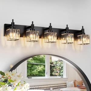 Black Crystal Bathroom Vanity Light 5-Light Modern Bathroom Lighting Fixtures Over Mirror Wall Light Fixtures