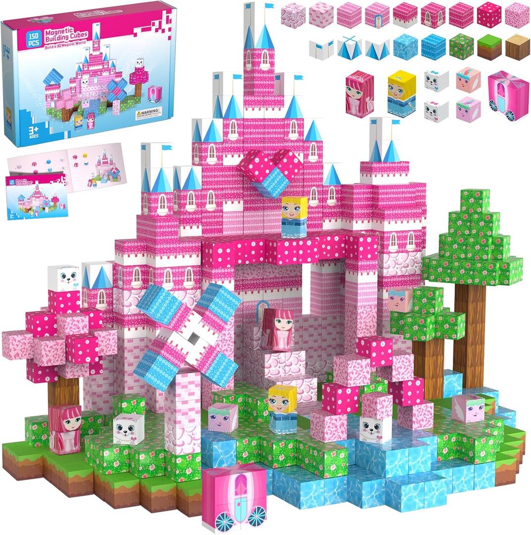 150PCS Magnetic Blocks, Magnet Building Cube Toy, Build 3D Pink Princess Castle Set for Girls, Montessori Sensory Toys for Kids, STEM Educational Toys, Christmas, Children's Day Gift for Boys & Girls