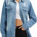 Women's Oversized Jean Jacket Casual Long Sleeve Denim Shirts Distressed Frayed Hem Denim Shacket M