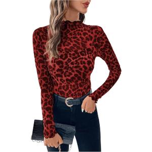WDIRARA Women's Sheer Leopard Print Lettuce Trim Top Mock Neck Long Sleeve T Shirt Mesh Crop Tops (Large, Burgundy)