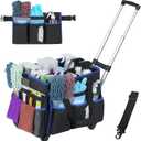 Large Rolling Cleaning Caddy Bag with Detachable Trolley, Cleaning Supplies Organizer Caddy on Wheels with Multi-pocket & Waist Pouch, Water Resistant Cleaning Cart with Shoulder Strap for Housekeeper