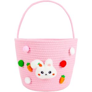 ShellKingdom Gift Basket, Cute Bunny Handle Bucket for Boys Girls, Empty Woven Cotton Rope Basket for Birthday, Gifts, Party, Home Decoration, Storage Organizer (Easter Pink)