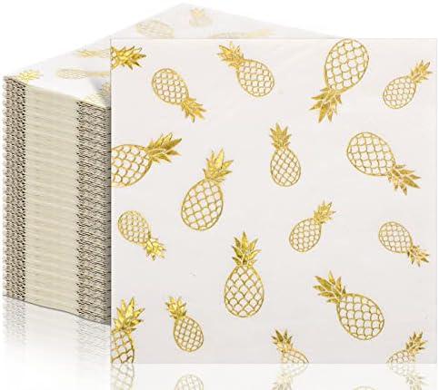 Outus 100 Pcs Pineapple Cocktail Napkins Paper 5 x 5 Inch Summer Tropical Luau Pineapple Party Decorations Disposable Stamping Pattern Napkins for Beverage Hawaiian Party (Gold)