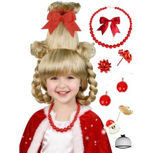 Half and Half Kids Christmas Cindy Wig Blonde Double Braids Wig with Red Bow-kot + Necklace + Earrings + Wig Cap for Girls Child Toddler Costumes Halloween