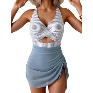 B2prity Women Mesh One Piece Swimdress Swimsuit Tummy Control V Neck Cutout Bathing Suit Wrap Drawstring Sarong Swimwear, 2XL