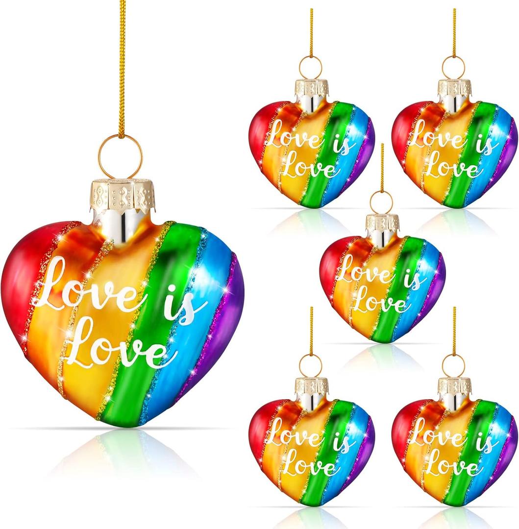 Cunhill 6 Pieces Rainbow Ornament Pride Heart Shaped Ornaments Hanging Christmas Tree Decor Glass Rainbow Ornament Love Signs for Wedding Party Supplies
