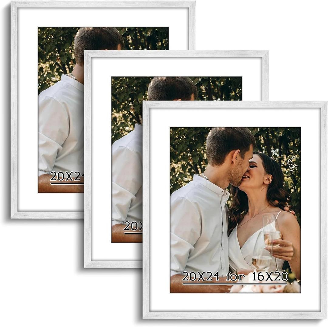 HLiWEGNS White 20x24 Frame Set of 3 - Rustic Woodgrain 20 x 24 Poster Frame for Pictures 16x20 with Mat or 20x24 Picture Frame Without Mat for Wall Gallery Display - Ideal Christmas Day