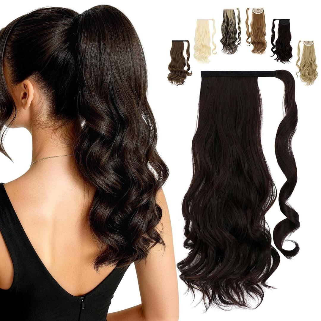 FELENDY 20" Ponytail Extension Curly Wavy Clip in Hairpiece Wrap Around Long Pony Tails Hair Extensions Synthetic for Women Dark Brown