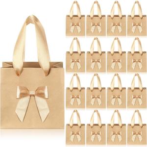 Honoson 50 Pcs Graduation Small Gift Bags with Handle 4 x 2.75 x 4.5 No DIY Mini Paper Bags Bulk with Bow Ribbon for Wedding Birthday Party Favor Mothers Day Baby Shower Guests(Beige White)
