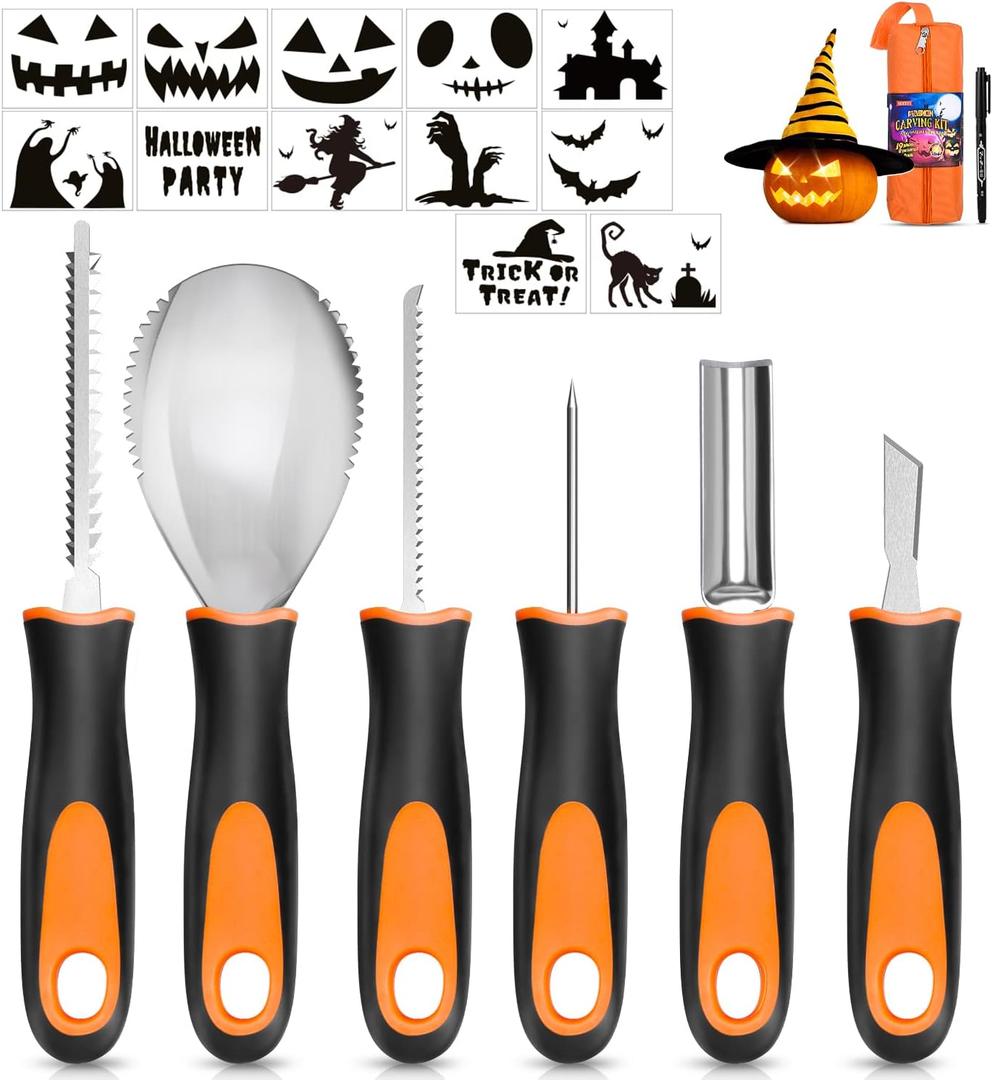 Halloween Pumpkin Carving Kit, 6 Pcs Pumpkin Carving Knife with 12 Stencils 1 Mark Pen 1 Storage Bag, Professional Pumpkin Carving Tools