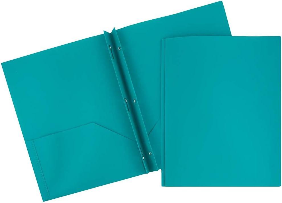 JAM PAPER Plastic Color POP Folders - 2 Pocket Durable Folders with Metal Prongs Fastener Clasps - Teal Blue - 6/Pack