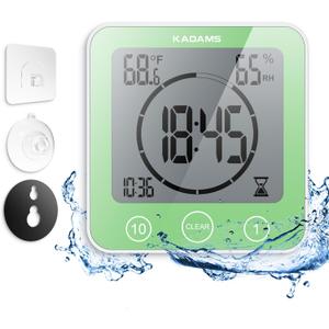 KADAMS Shower Clock Waterproof Bathroom Timer  Digital Wall Clock with Countdown, Magnetic Kitchen Clock with Temperature & Humidity, Suction Cup for Kids Shower Spa Cook Bath (Green)