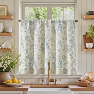 jinchan Linen Kitchen Curtain 36 Inch French Floral Double Layer Curtain Farmhouse Vintage Tier Drape Rustic Half Window Curtain for Living Room Window Treatment Rod Pocket 1 Panel Blue on Beige, Floral Blue on Beige, 50"W x 36"L (Pack of 1)