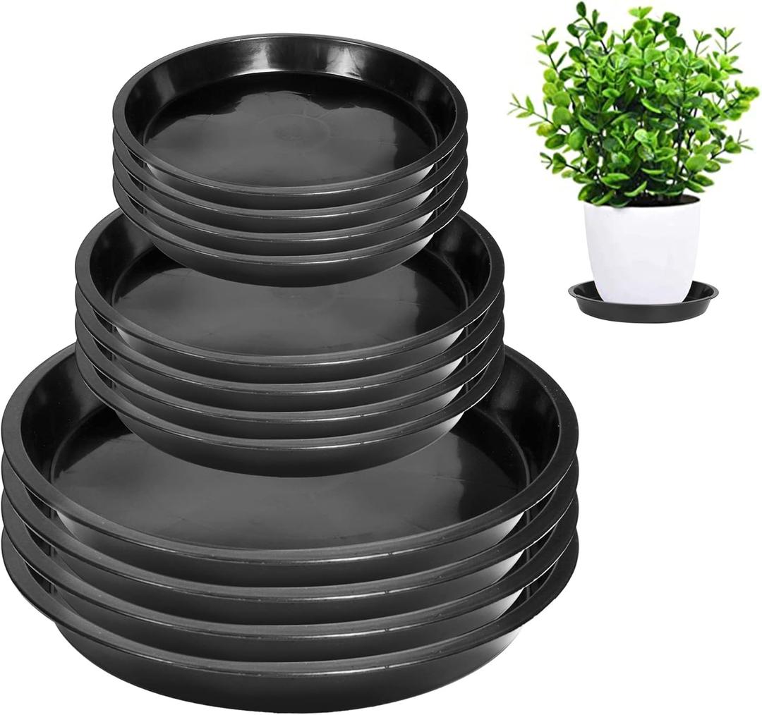 6 8 10 Inch Plant Saucer - Round Plant Tray Plastic Plant Drip Trays for Indoor Outdoor Garden Plants, Collects Flower Pot Drainage and Excess Water (12pcs Black A, 6 8 10")