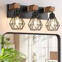 FadimiKoo 3-Light Farmhouse Bathroom Vanity Light Fixtures, Wood Bathroom Lighting Over Mirror, Black Vanity Lights with Metal Lampshade, Vintage Wall Light Fixtures for Bedroom, Living Room, Hallway