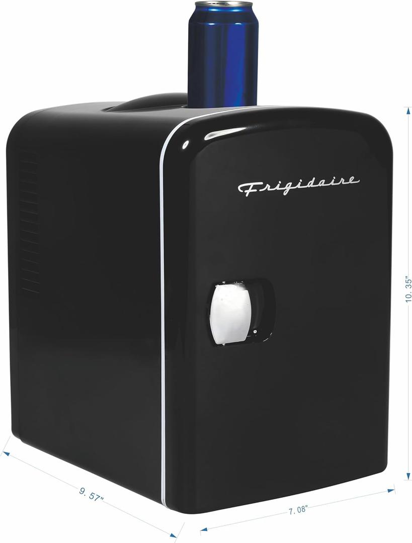 Frigidaire Mini Personal Fridge Cooler, 4L Capacity Chills Six 12 oz Cans, Portable & Compact, AC Plug & 12V Car Charger  Black
