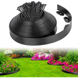 2-Inch x 33 FT Landscape Edging Border with 50 Spikes, Garden Edging Border Lawn Edging, Plastic Edging for Landscaping Flower Beds Yard Pathway Paver Edging (Black)
