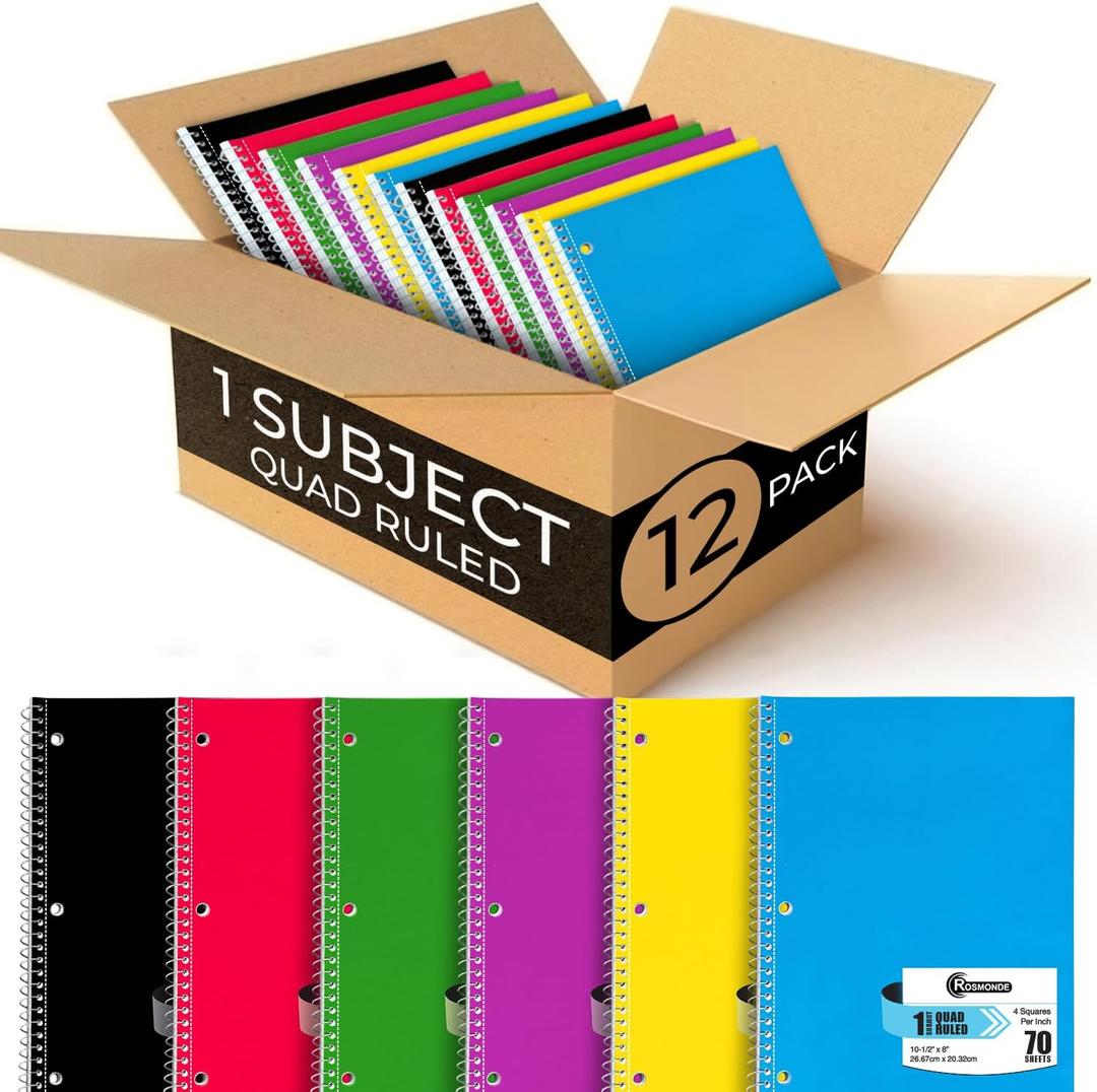 Rosmonde 1 Subject Graph Paper Spiral Notebook, 12 Pack, 70 Sheets (140 Pages), 8 x 10-1/2" Bulk 4x4 Spiral Bound Grid Notebooks, 3 Hole Punched Single Subject Quad Ruled Spiral Notebooks for School