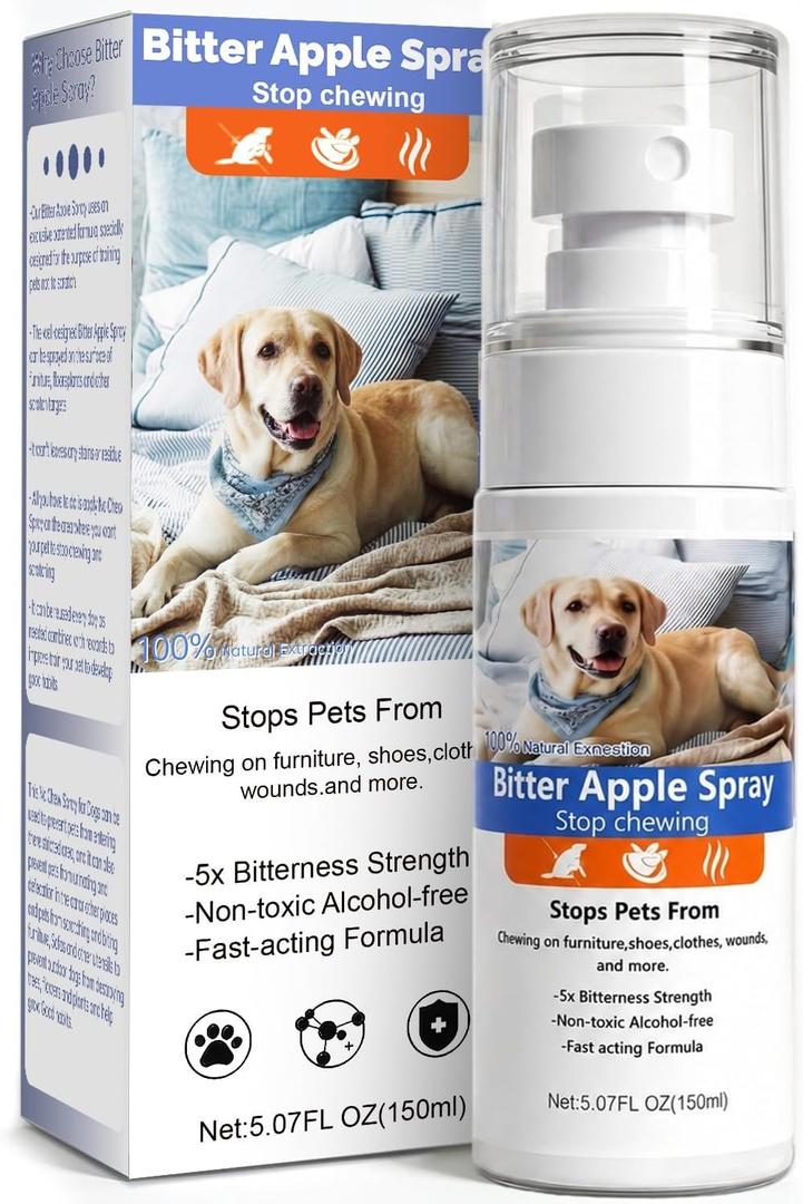 Bitter Apple Spray for Dogs No Chew Spray for Dogs to Stop Chewing & Licking, Natural Bitter Taste Dog Training Spray, Non-Toxic & Safe for Furniture, Shoes & More - Blue