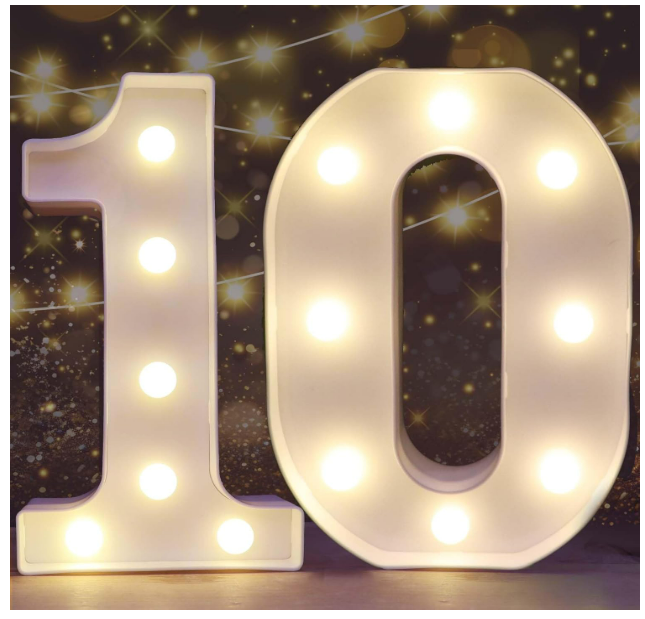 Pooqla Decorative Led Light Up Number Letters, White Plastic Marquee Number Lights Sign for 10th Birthday Party Wedding Decor Battery Operated Number (10)