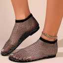 Ultra Comfortable Mesh Flats for Women Fishnet Sandals Low Heel Slip on Rhinestone Shoes, Black, Size 5