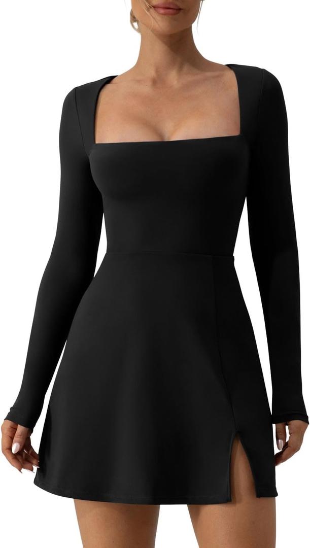 QINSEN Womens Square Neck Bodice Dress Long Sleeve Side Slit Flare Mini Dresses (Medium, Black)